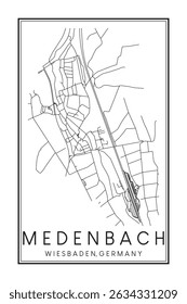 Cartaz do mapa rodoviário do centro de impressão desenhado à mão do bairro MEDENBACH da cidade alemã de WIESBADEN no fundo branco sólido com o nome da cidade