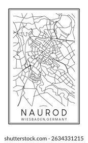 Hand drawn printable downtown road map poster of borough NAUROD of the German city of WIESBADEN on solid white background with city name