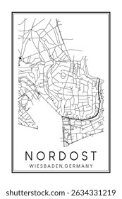 Hand drawn printable downtown road map poster of borough NORDOST of the German city of WIESBADEN on solid white background with city name