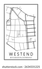Hand drawn printable downtown road map poster of borough WESTEND of the German city of WIESBADEN on solid white background with city name