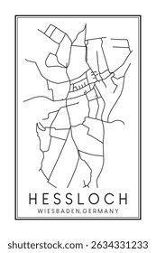Hand drawn printable downtown road map poster of borough HESSLOCH of the German city of WIESBADEN on solid white background with city name