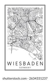 Hand drawn printable downtown road map poster of the German city of WIESBADEN on solid white background with city name