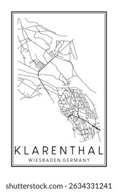 Hand drawn printable downtown road map poster of borough KLARENTHAL of the German city of WIESBADEN on solid white background with city name