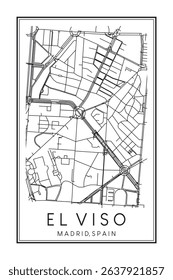 Hand drawn printable downtown road map poster of borough EL VISO of the Spanish city of MADRID on solid white background with city name