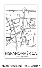 Hand drawn printable downtown road map poster of borough HISPANOAMÉRICA of the Spanish city of MADRID on solid white background with city name