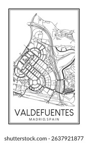 Hand drawn printable downtown road map poster of borough VALDEFUENTES of the Spanish city of MADRID on solid white background with city name