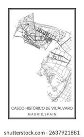 Hand drawn printable downtown road map poster of borough CASCO HISTÓRICO DE VICÁLVARO of the Spanish city of MADRID on solid white background with city name