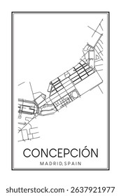 Hand drawn printable downtown road map poster of borough CONCEPCIÓN of the Spanish city of MADRID on solid white background with city name