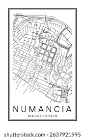 Hand drawn printable downtown road map poster of borough NUMANCIA of the Spanish city of MADRID on solid white background with city name