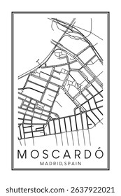 Hand drawn printable downtown road map poster of borough MOSCARDÓ of the Spanish city of MADRID on solid white background with city name