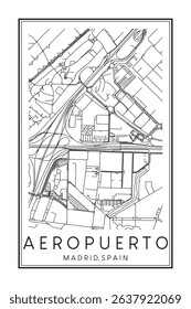 Hand drawn printable downtown road map poster of borough AEROPUERTO of the Spanish city of MADRID on solid white background with city name