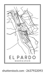 Hand drawn printable downtown road map poster of borough EL PARDO of the Spanish city of MADRID on solid white background with city name