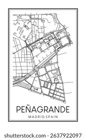 Hand drawn printable downtown road map poster of borough PEÑAGRANDE of the Spanish city of MADRID on solid white background with city name