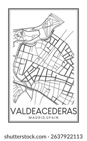 Hand drawn printable downtown road map poster of borough VALDEACEDERAS of the Spanish city of MADRID on solid white background with city name