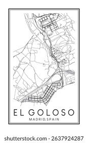 Hand drawn printable downtown road map poster of borough EL GOLOSO of the Spanish city of MADRID on solid white background with city name