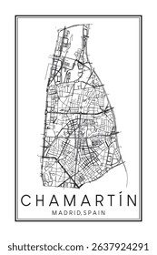 Hand drawn printable downtown road map poster of borough CHAMARTÍN of the Spanish city of MADRID on solid white background with city name