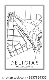 Hand drawn printable downtown road map poster of borough DELICIAS of the Spanish city of MADRID on solid white background with city name