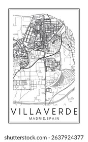 Hand drawn printable downtown road map poster of borough VILLAVERDE of the Spanish city of MADRID on solid white background with city name