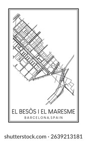 Hand drawn printable downtown road map poster of borough EL BESÒS I EL MARESME of the Spanish city of BARCELONA on solid white background with city name