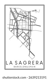 Hand drawn printable downtown road map poster of borough LA SAGRERA of the Spanish city of BARCELONA on solid white background with city name