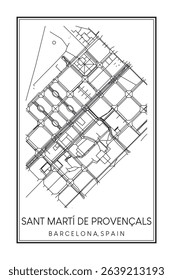 Hand drawn printable downtown road map poster of borough SANT MARTÍ DE PROVENÇALS of the Spanish city of BARCELONA on solid white background with city name