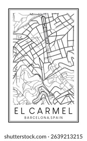 Hand drawn printable downtown road map poster of borough EL CARMEL of the Spanish city of BARCELONA on solid white background with city name