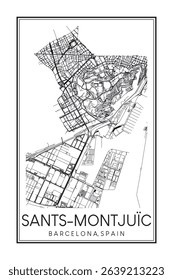 Hand drawn printable downtown road map poster of borough SANTS-MONTJUÏC of the Spanish city of BARCELONA on solid white background with city name