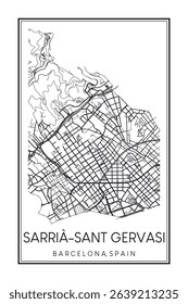 Hand drawn printable downtown road map poster of borough SARRIÀ-SANT GERVASI of the Spanish city of BARCELONA on solid white background with city name