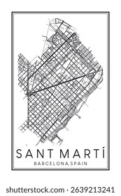 Hand drawn printable downtown road map poster of borough SANT MARTÍ of the Spanish city of BARCELONA on solid white background with city name