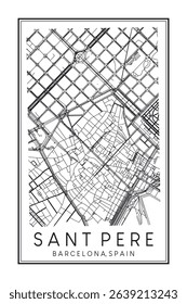 Hand drawn printable downtown road map poster of borough SANT PERE, SANTA CATERINA I LA RIBERA of the Spanish city of BARCELONA on solid white background with city name