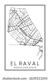 Hand drawn printable downtown road map poster of borough EL RAVAL of the Spanish city of BARCELONA on solid white background with city name