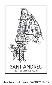 Hand drawn printable downtown road map poster of borough SANT ANDREU of the Spanish city of BARCELONA on solid white background with city name