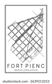 Hand drawn printable downtown road map poster of borough FORT PIENC of the Spanish city of BARCELONA on solid white background with city name
