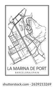Hand drawn printable downtown road map poster of borough LA MARINA DE PORT of the Spanish city of BARCELONA on solid white background with city name