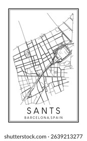 Hand drawn printable downtown road map poster of borough SANTS of the Spanish city of BARCELONA on solid white background with city name