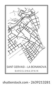 Hand drawn printable downtown road map poster of borough SANT GERVASI - LA BONANOVA of the Spanish city of BARCELONA on solid white background with city name