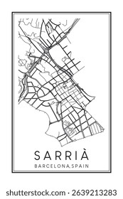 Hand drawn printable downtown road map poster of borough SARRIÀ of the Spanish city of BARCELONA on solid white background with city name