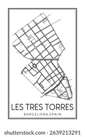 Hand drawn printable downtown road map poster of borough LES TRES TORRES of the Spanish city of BARCELONA on solid white background with city name