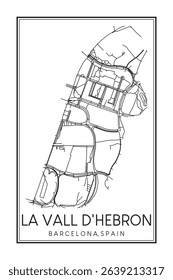 Hand drawn printable downtown road map poster of borough LA VALL D'HEBRON of the Spanish city of BARCELONA on solid white background with city name