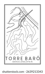 Hand drawn printable downtown road map poster of borough TORRE BARÓ of the Spanish city of BARCELONA on solid white background with city name