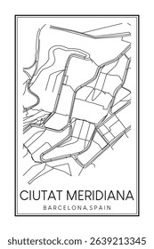 Hand drawn printable downtown road map poster of borough CIUTAT MERIDIANA of the Spanish city of BARCELONA on solid white background with city name