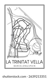 Hand drawn printable downtown road map poster of borough LA TRINITAT VELLA of the Spanish city of BARCELONA on solid white background with city name