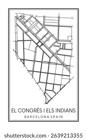 Hand drawn printable downtown road map poster of borough EL CONGRÉS I ELS INDIANS of the Spanish city of BARCELONA on solid white background with city name