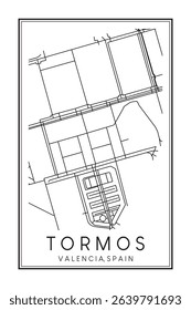 Hand drawn printable downtown road map poster of district TORMOS of the Spanish city of VALENCIA on solid white background with city name