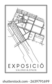 Hand drawn printable downtown road map poster of district EXPOSICIÓ of the Spanish city of VALENCIA on solid white background with city name