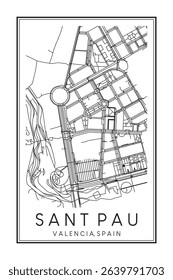 Hand drawn printable downtown road map poster of district SANT PAU of the Spanish city of VALENCIA on solid white background with city name