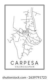 Hand drawn printable downtown road map poster of district CARPESA of the Spanish city of VALENCIA on solid white background with city name