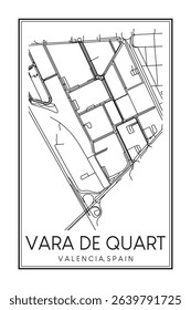 Hand drawn printable downtown road map poster of district VARA DE QUART of the Spanish city of VALENCIA on solid white background with city name