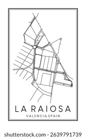 Hand drawn printable downtown road map poster of district LA RAIOSA of the Spanish city of VALENCIA on solid white background with city name