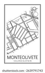 Hand drawn printable downtown road map poster of district MONTEOLIVETE of the Spanish city of VALENCIA on solid white background with city name